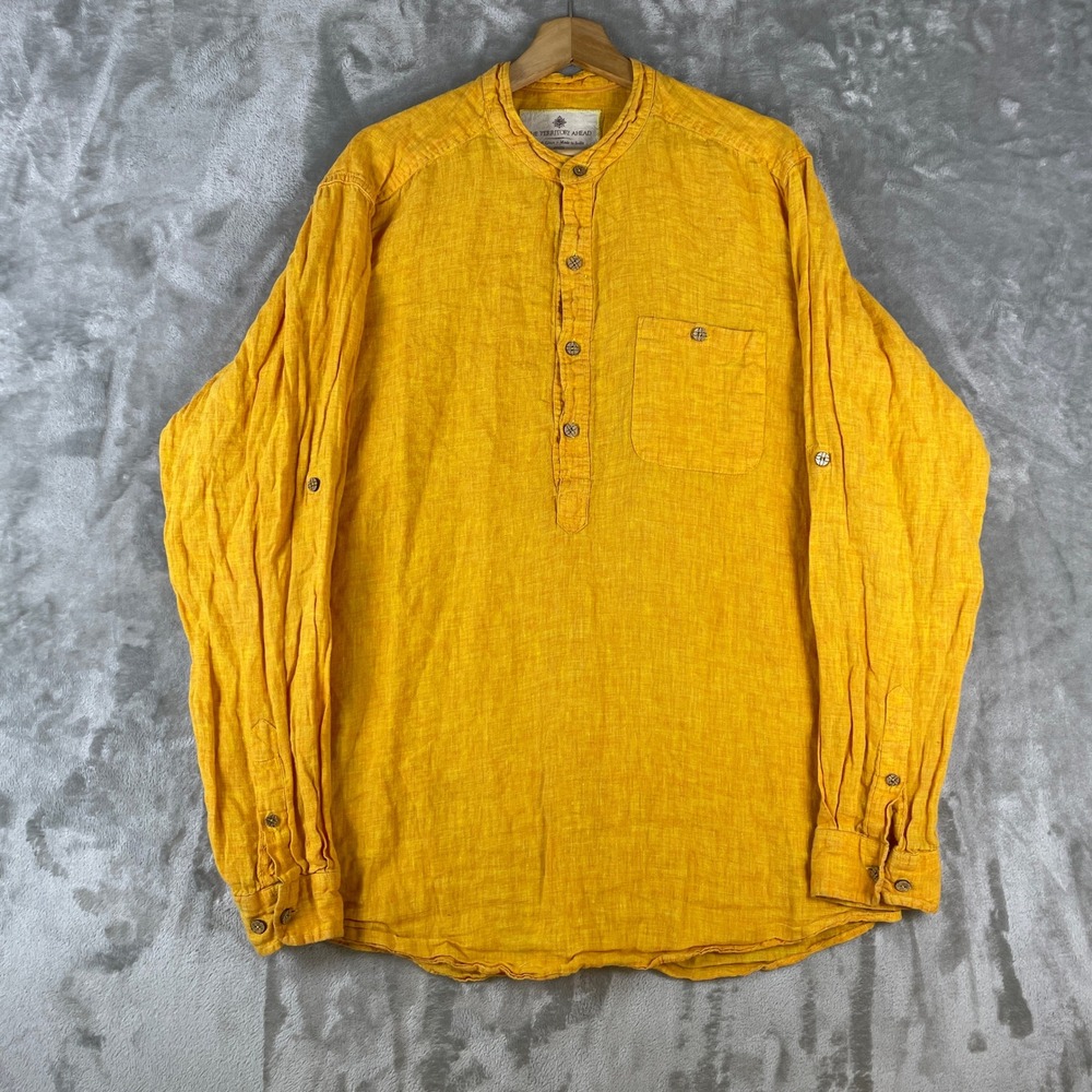 The Territory Ahead Shirt Men LT Large Tall Orange Linen Long Sleeve Band Collar